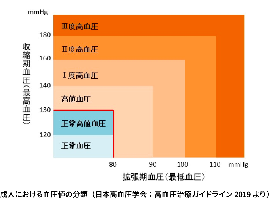 成人における血圧値の分類（日本高血圧学会：高血圧治療ガイドライン2019より）